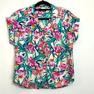 🌞 Caliche vintage 80s pastel floral short sleeve button up collar top L